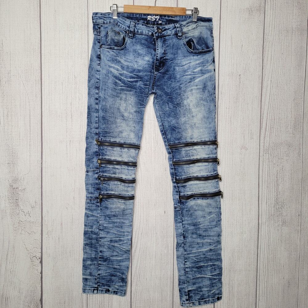 RS7 Royal 7 Acid Wash Distressed Zipper Knee Whiskering Skinny Jeans Size 34x33